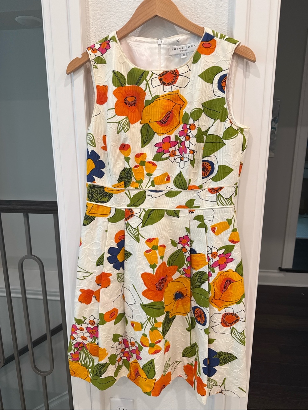 Trina Turk Floral Jacquard Fit Flare Dress Cotton Size 10 Garden Party - Picture 2 of 7